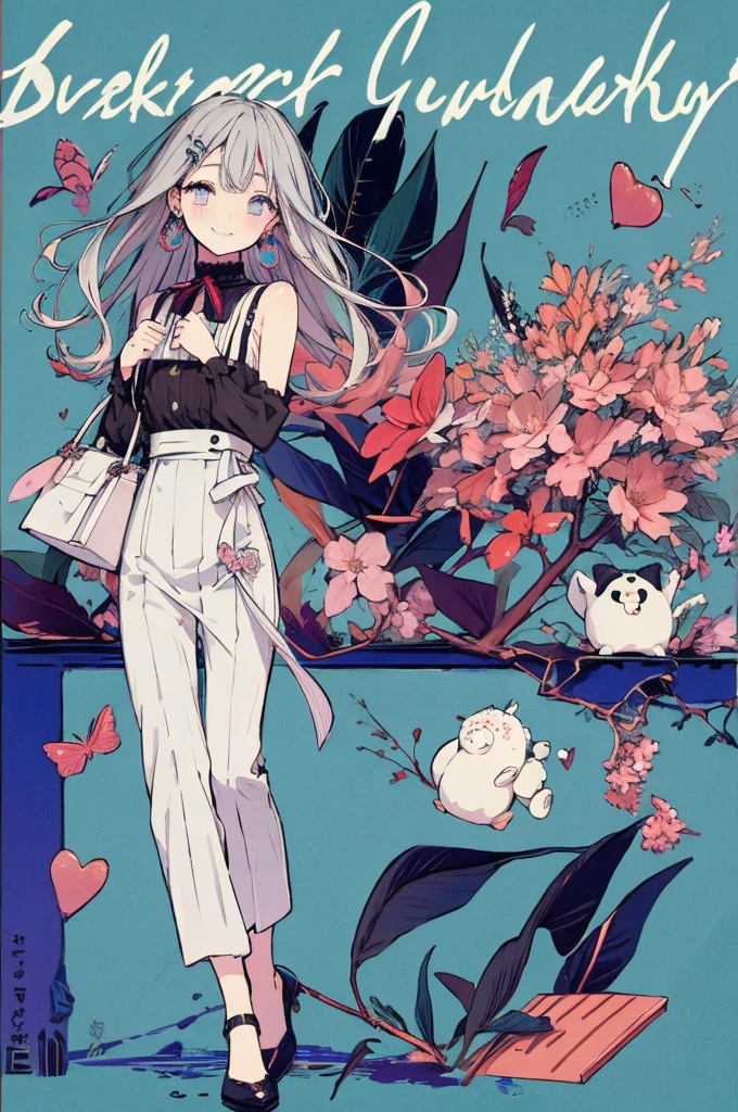 (masterpiece:1.2), highest quality,pixiv,sweet girl , 1 girl, flower, cup, have, bob hair, gray hair, bag, high heels, food, jewelry, earrings, looking at the viewer, smile, holding, long hair, inner color、alone, fruits, pants style， flower柄のshirt、handbag, gray eyes, Colorful shoes, bird, yellow flower, envelope, english text, full body, white flower, shirt,Are standing, cherry blossoms、colorful background、(masterpiece:1.2), highest quality,pixiv,sweet girlのポートレート, 1 girl, teddy bear, うさぎのstuffed toy, stuffed toy, alone, holding, have, holding stuffed toy, heart, bow, hair ornaments, sign, earrings, jewelry, Upper body, striped, Black headband, looking at the viewer, have bow, closed mouth, bangs, bare shoulders, hair between eyes, box,, brand hair, striped bow, gift, blue eyes, garden background, Alice, chocolate, ribbon, Braid, nail polish, shirt, wrist cuffs, gift 箱, black bow, Blue dress, white apron、two tone background, vertical stripes, hair ring, smile, long hair 、full body、whole body、