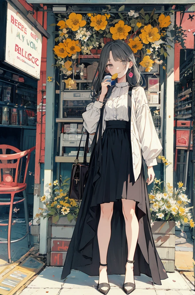 (masterpiece:1.2), highest quality,pixiv,sweet girl , 1 girl, flower, cup, have, bob hair, gray hair, bag, high heels, food, jewelry, earrings, looking at the viewer, smile, holding, long hair, inner color、alone, fruits, knee-length dress, handbag, gray eyes, Colorful shoes, bird, yellow flower, envelope, english text, full body, white flower, shirt,Are standing, valentine color、colorful background、