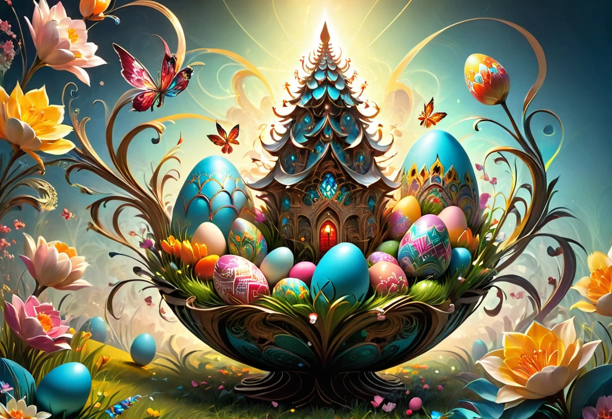 Fractal design art on the theme of Easter eggs. Zen art,Complex bizarre, vector illustration in two dimensions, Complexity of metallized saturated colors, whimsical, dream-like aura, flat design strategy, main focus on the subject, intricate detailing, increased saturation, set amidst a captivating background, trending illustration format on ArtStation