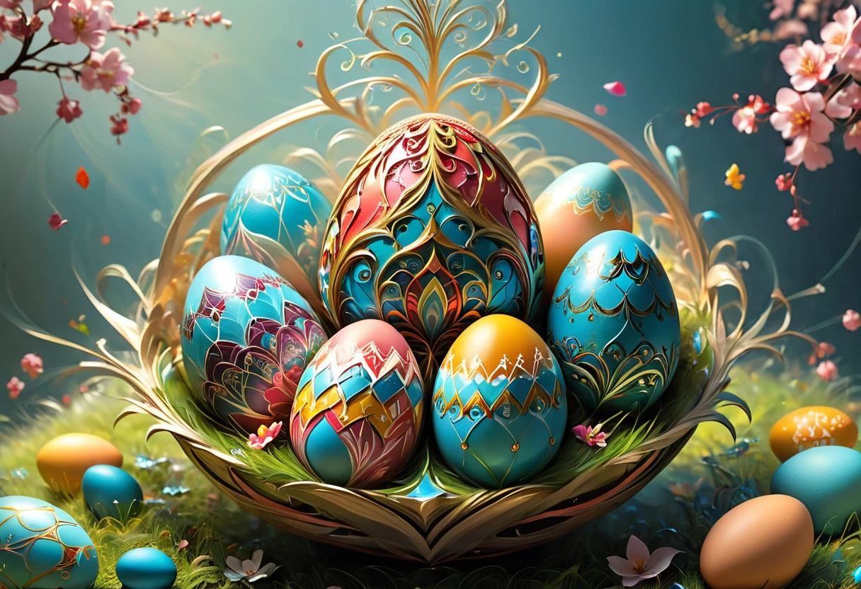 Fractal design art on the theme of Easter eggs. Zen art,Complex bizarre, vector illustration in two dimensions, Complexity of metallized saturated colors, whimsical, dream-like aura, flat design strategy, main focus on the subject, intricate detailing, increased saturation, set amidst a captivating background, trending illustration format on ArtStation