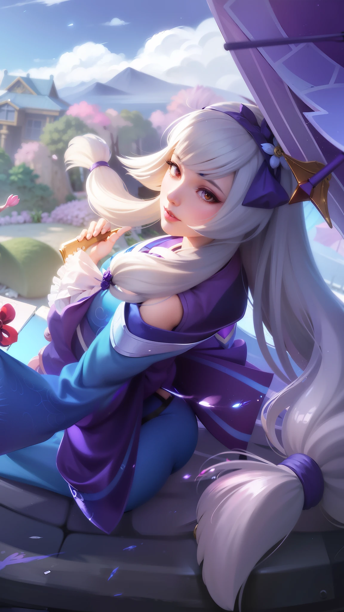 anime girl with long white hair sitting on a rock with a purple umbrella, portrait of ahri, ahri, official splash art, seraphine ahri kda, ashe, splash art, extremely detailed artgerm, onmyoji portrait, artgerm lau, style artgerm, heise jinyao, iconic character splash art, akali