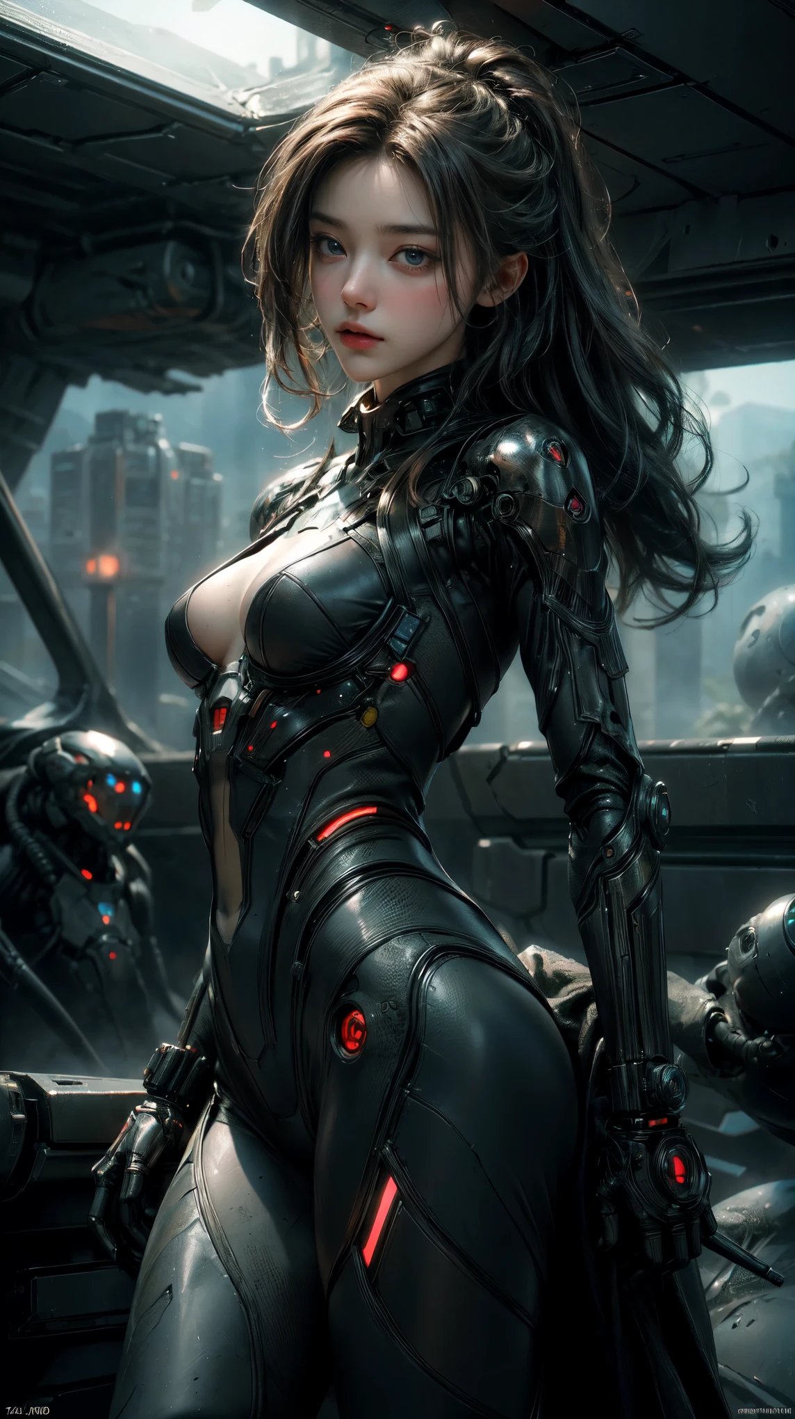 ((masterpiece, highest quality, Highest image quality, High resolution, photorealistic, Raw photo, 8K)), Ultra Wide Angle, Alien Landscap, A female stands next to an Alafedro robot on top of a hill, influenced by Stefan Koidl's background of discarded mechas. The art created by Craig Mullins, specifically in the style of Craig Mullins' Necro, portrays a detailed and futuristic science fiction scene. The emphasis is on SF concept art, with vivid colors and sharp focus. The overall lighting captures the essence of concept art in films,