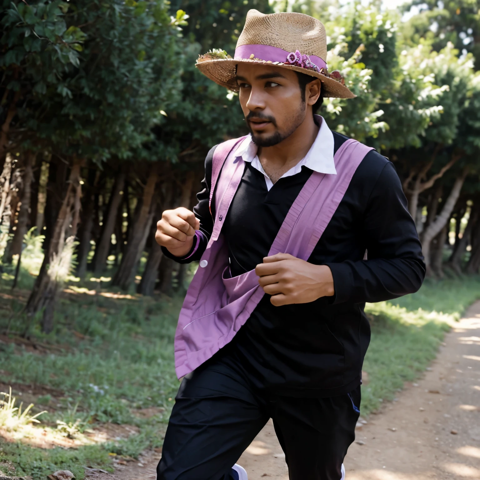 Personaje hombre de color violeta con sombrero negro corriendo en un bosque persiguiendo a un esqueleto