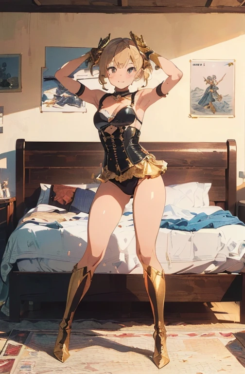 (masterpiece:1.8),(highest quality:1.8),(Super detailed:1.8),(8K:1.8),(Ultra-fine illustration:1.5),cute single mature woman,skinny,small ass,straight twin tails,flat chest,small breasts,(Shiny Metallic Gold,good,panties),,Gold Corset,choker,Gold Long Gloves,gold boots,(energetic pose:1.5),stand,(Bedroom:1.6),full body angle,