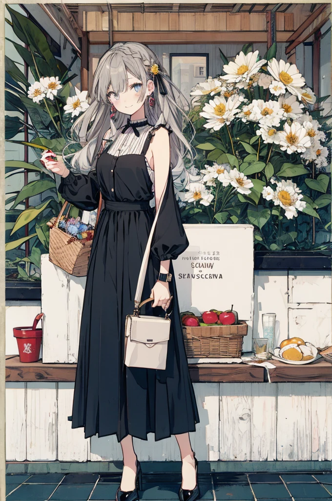 (masterpiece:1.2), highest quality,pixiv,sweet girl , 1 girl, flower, cup, have, bob hair, gray hair, bag, high heels, food, jewelry, earrings, looking at the viewer, smile, holding, inner color、alone, fruit, pants style, flower柄のshirt、handbag, gray eyes, Colorful shoes, bird, yellow flower, envelope, english text, full body, white flower, shirt,Are standing, cherry blossoms、colorful background、(masterpiece:1.2), highest quality,pixiv,sweet girlのポートレート, 1 girl, teddy bear, うさぎのstuffed toy, stuffed toy, alone, holding, have, holding stuffed toy, heart, bow, hair ornaments, sign, earrings, jewelry, Upper body, striped, black headband, looking at the viewer, have bow, closed mouth, bangs, bare shoulders, hair between eyes, box,, brand hair, striped bow, gift, blue eyes, garden background, Alice, chocolate, ribbon, Braid, nail polish, shirt, wrist cuffs, gift box, black bow, blue clothes, white apron、two tone background, vertical stripes, hair ring, smile, long hair 、full body、whole body、
