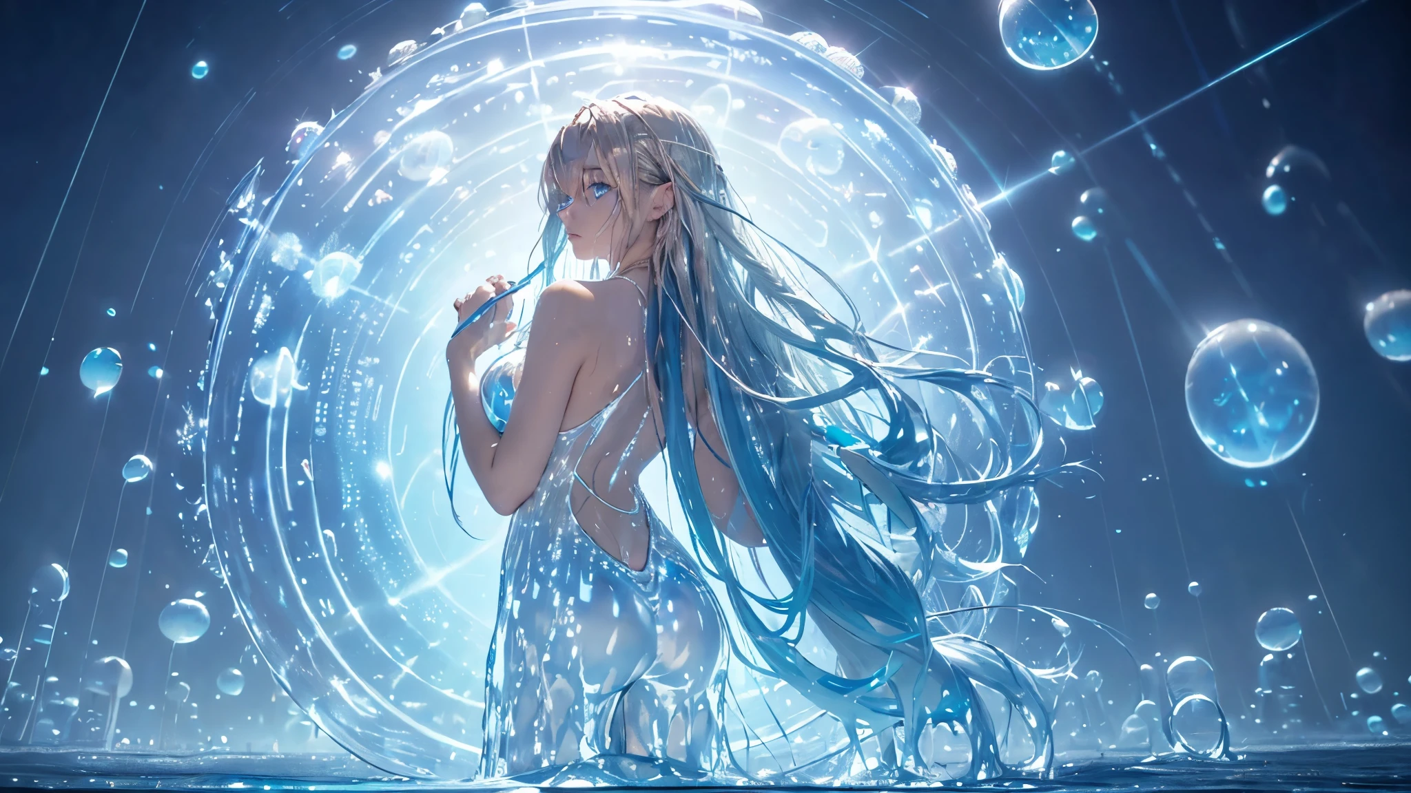 a  water sorceress, Looks cute, (Silver blue hair streaked glowing blue:1.6), (Gradient dark blue hair ends:1.4), absundly extra long floating hair, hair over one eye, hair strand, (((Illusion aqua blue eyes))), delicate eyes, aqua eyes, like real eyes, (((glowing aqua eyes))), Blue extra gorgeous maxi classisskirt, wide angle shot, Focus on face, Very detailed facial, sexy body, Random pose, Random expressions, ((Floating in the sky of the city)), (((floating on the water))), (((Hand holding glowing spinning water polo))), (huge liquid circles stand upright floating on the back:2), (((floating blue liquid turn around body))), ((blue magic circle halo on the head)), makeup, light blue nail, aqua earrings, starry night sky, meteor, chiaroscuro, ((glowing light)), (sparkle), ray tracing, cinematic lighting, motion blur, Futurism, anime, best quality, UHD, super detail, masterpiece, highres, ccurate