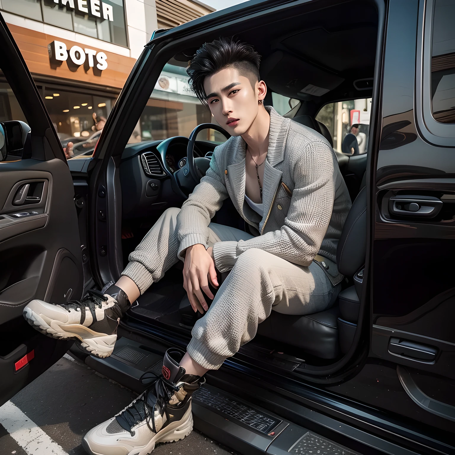 arafed man sitting in the open door of a car, cai xukun, inspired by Raymond Han, inspired by Zhang Han, asian male, in the style jordan grimmer, editorial model, handsome chad chin, high - end fashion photoshoot, style kim jung gi, inspired by Victor Wang, south korean male, 2 d cg, instagram model, steve zheng