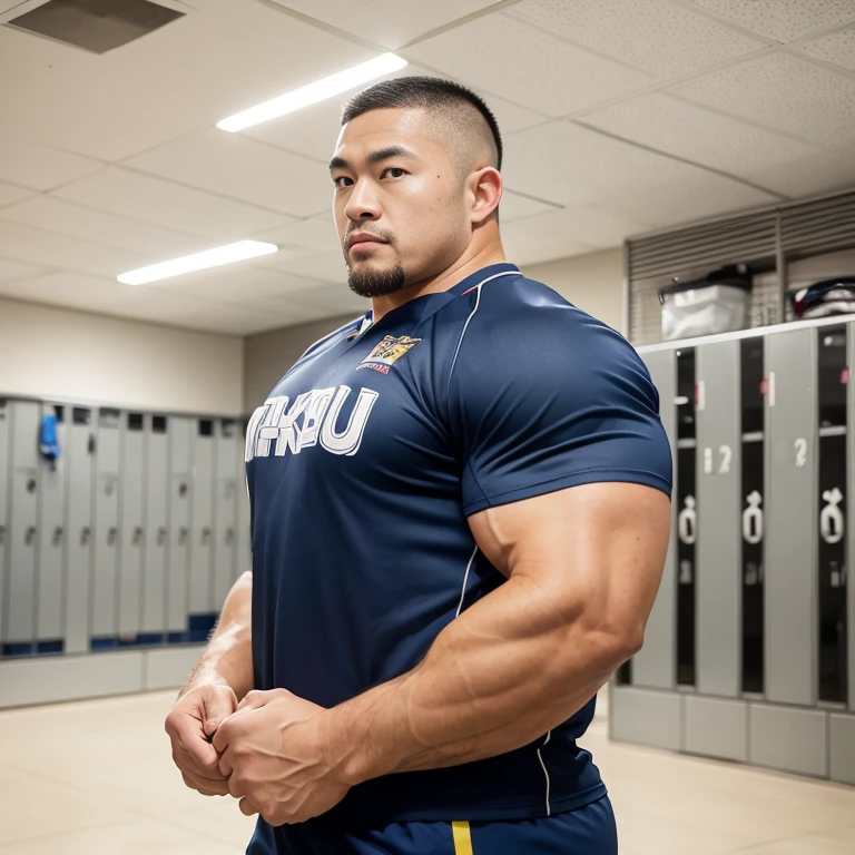 inside club locker room, facing each other, (rugby uniform:1.2), Japanese man, Chinese man, Korean man, Taiwanese man, manly face, round face, monolid eyes, (buzz cut:1.4), very large and strong body, bulging muscles, very large pectoral muscles, muscular arms, muscular abs, muscular legs, muscular back, brightens oily skin, master piece, realistic, panorama, distant view