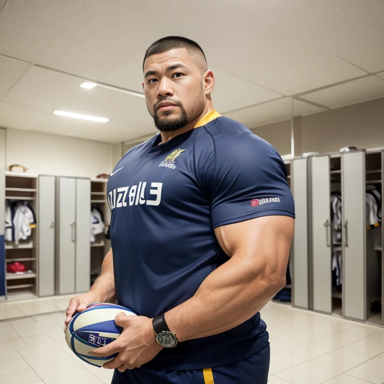 inside club locker room, facing each other, (rugby uniform:1.2), Japanese man, Chinese man, Korean man, Taiwanese man, manly face, round face, monolid eyes, (buzz cut:1.4), very large and strong body, bulging muscles, very large pectoral muscles, muscular arms, muscular abs, muscular legs, muscular back, brightens oily skin, master piece, realistic, panorama, distant view