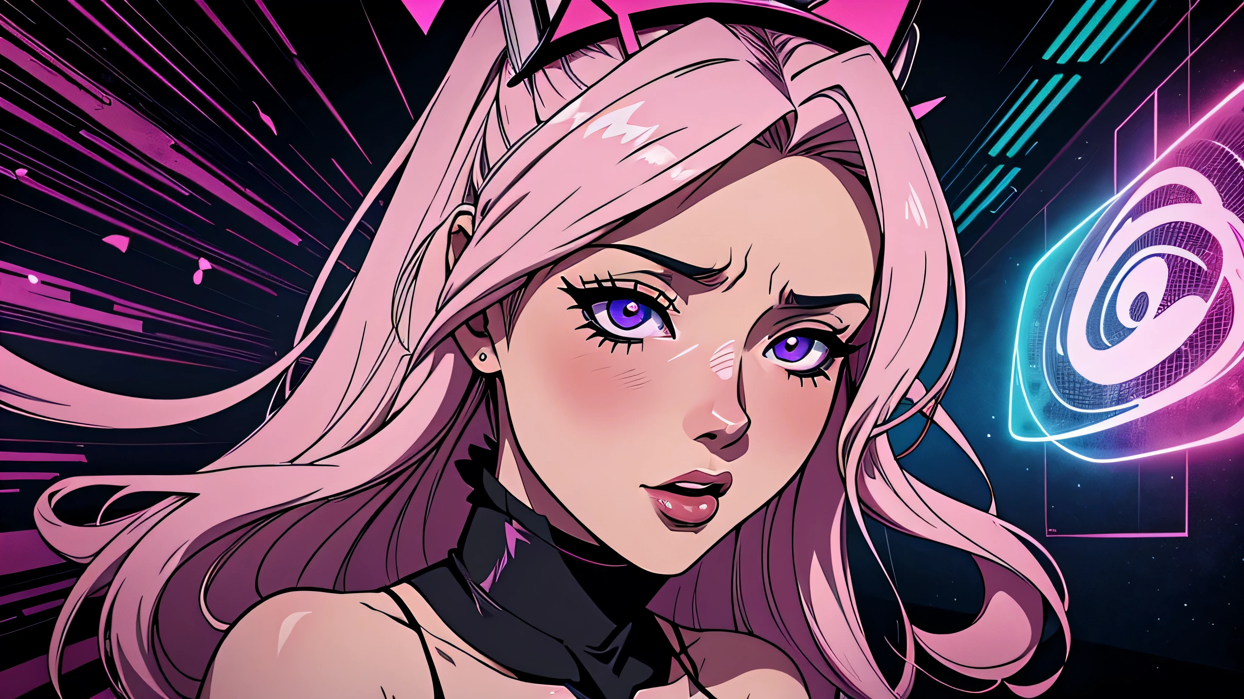 garota de anime, linda, modelo hentai, ahegao, corpo inteiro, lolita, roupa rasgada, Capa do álbum Anime Phonk Brain Sick, musica, ondas sonoras, com cores em preto neon
