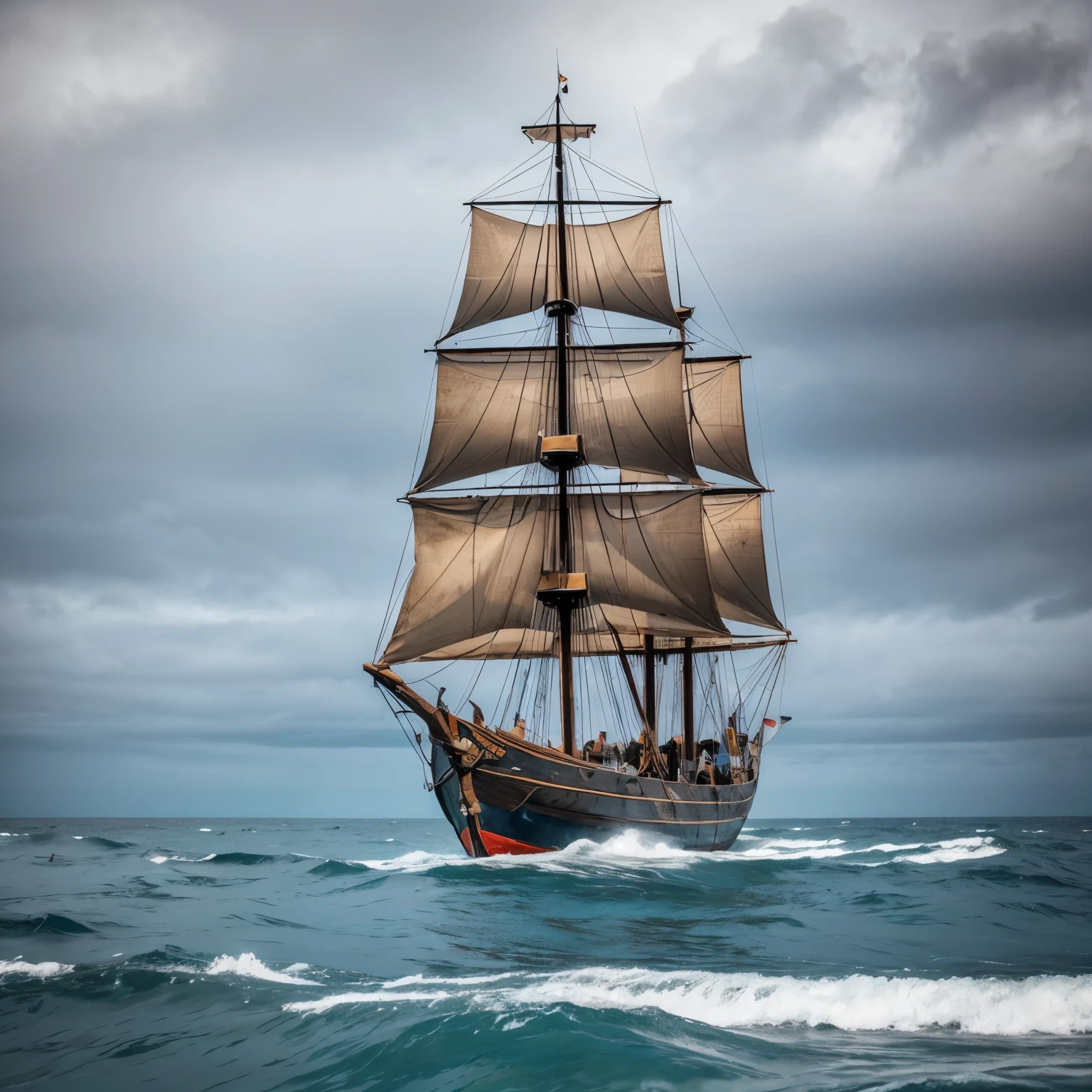 Old viking ship sailing in the ocean as it arrives on a island