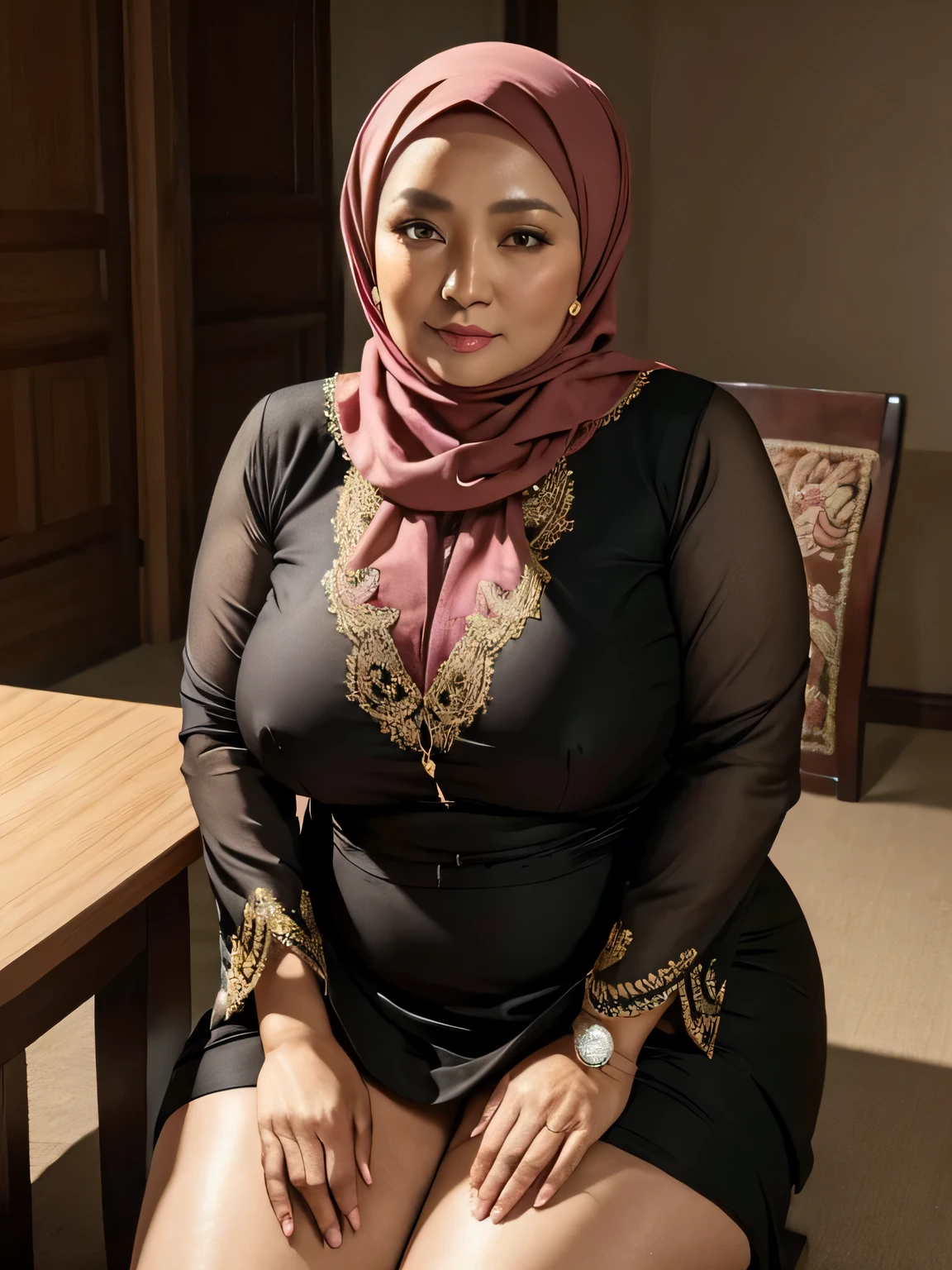 (REALISTIC) (elegant hijab) (kebaya wear) (sugar mama) (Big Mature : 3 Curvy body) (Indonesian face) ,56 years Old, Indonesia mature woman, beauty old, gorgeus eyes, looking at the camera, soft smile, natural saggy big breast, saggy fat belly, open knees, (spreading legs) showing fat pussy, (Hairy Pussy), on the table, in a room, low light, at night time