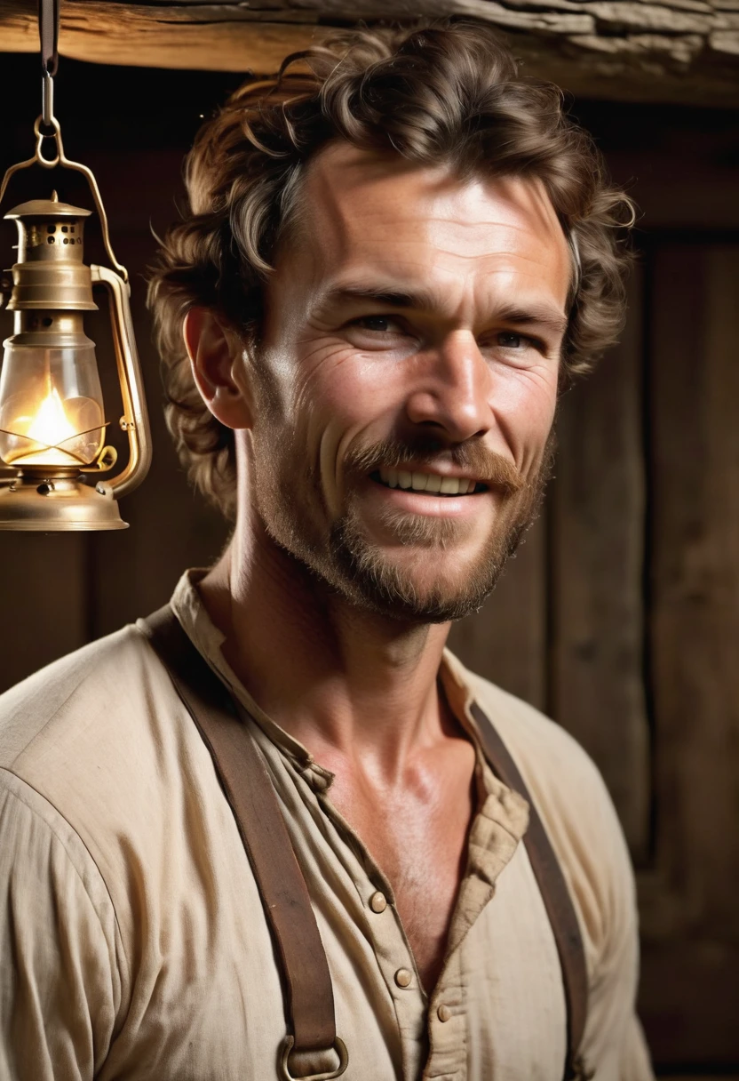 (highly detailed, soft light, photorealistic, dynamic light; cinematic; close up); victorian era; 1820s; 30 years old man; English; 1820s outdoorsman; strikingly handsome; high cheekbones; broad manly muscular jaw and chin; square face-shape; strong well-shaped nose; strapping; tough confident expression; masculine face with several scars; charismatic; grizzled; intense desirous expression; manly passionate air; very attractive; burly broad figure; ruddy weathered skin; unkempt stubble; natural light-blue eyes; thick strong chestnut-brown eyebrows; carefully-shaped 1820s sideburns; 1820s thick brown coat, open; 1820's union shirt, ripped open and showing chest; 1820s suspenders connected to pants; broad very hairy chest showing; short styled chestnut-brown hair in 1820's hairstyle; full firm masculine lips, lips parted, mouth open; standing in an 1820s intimate cosy log cabin at night-time with 1820s oil lamp in the background; looking at camera