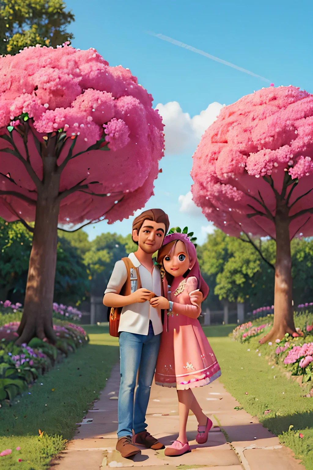 man and woman in a church outdoors pink vegetation, they are hugging jesus christ bible personification, renderizado:(caricatura:1.3,production film, a pose:(vivaz:1.2, divertido), modelado:(ultra-qualidade:1.2,8k,orthographic view),tulipas, blue sky, arvores rosas, flores rosas, Para o fundo(A park full of pink vegetation 50% com tonalidades rosadas:1.1),{Complexo e ultra-detalhado,Gediminas Planchiaye, Giuseppe Arcimboldo}