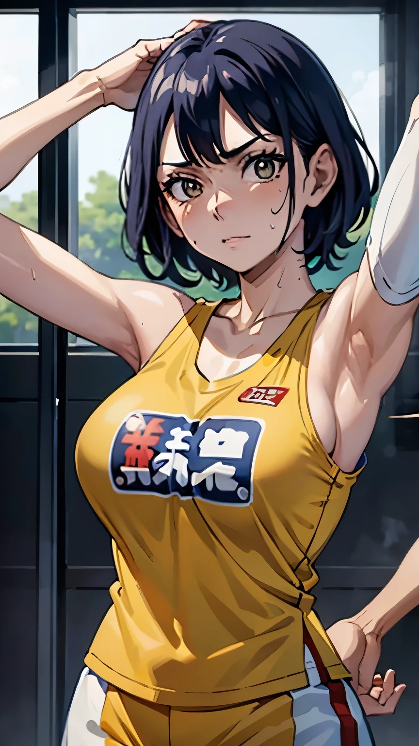 a close up of a person wearing a basketball uniform, a picture, inspired by Kentaro Miura, trending on pixiv, kugisaki nobara, wearing yellow nba jersey, yellow tanktop nba jersey, wearing a low cut tanktop, wearing tanktop, tanktop, golden raito, (winking), shirobako, large)}], favorite scene, fine details. anime. skins, sweating, big breasts, two hands up, armpits, armpits visible, dripping with sweat, more more sweat