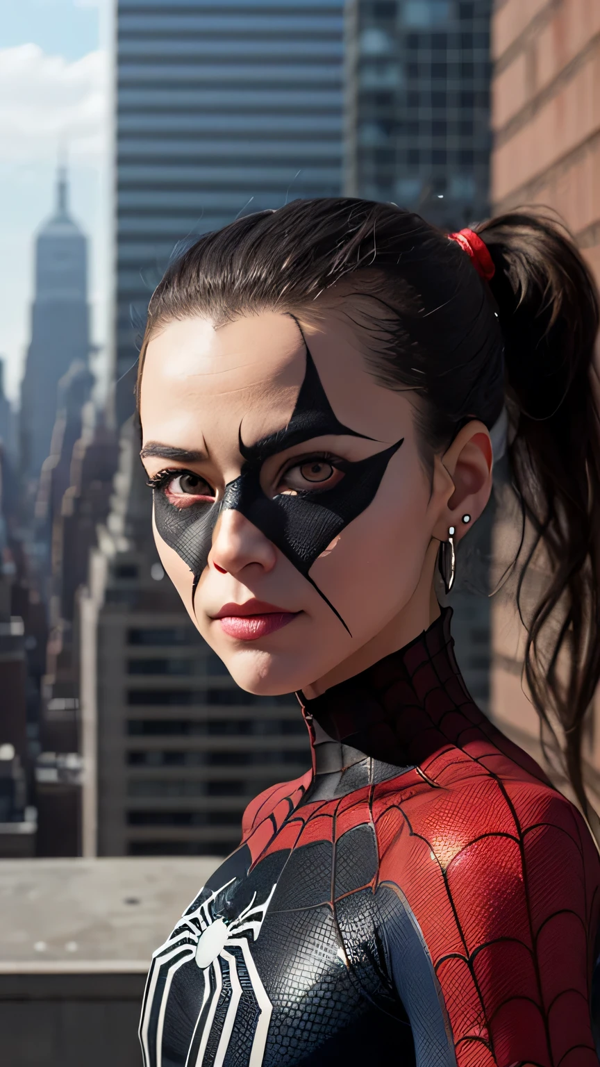 spider suit, spiderweb print, spiderweb, spiderman, masterpiece, absurd, small details, HDR, ((highly detailed face and eyes)), realistic,, focus on the eyes,, A girl standing on the roof of a skyscraper, ((no mask)), looking at the viewer,black hair, girl focus,(ponytail), earrings, , new york buildings background,