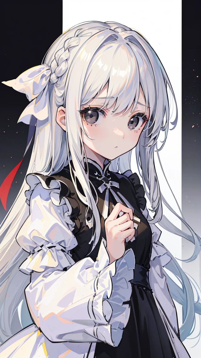 (Top image quality)、(Super detailed)、(facing forward)、top quality、Masterpiece、(((1 girl )))、、girl with、silver hair、white hair、((long hair))、braid、(black eyes:1.6)、(White and black cheongsam)、hoodie dress、Lots of frills、Lots of ribbons、white ribbon、She has a cold face、Fluffy and loose hair