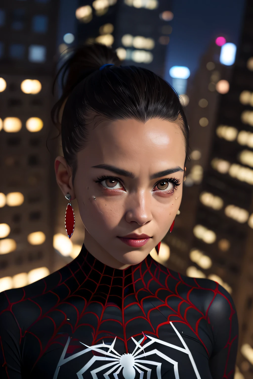 spider suit, spiderweb print, spiderweb, spiderman, masterpiece, absurd, small details, HDR, ((highly detailed face and eyes)), realistic,, focus on the eyes,, A girl standing on the roof of a skyscraper, ((no mask)), looking at the viewer,black hair, girl focus,(ponytail), earrings, , new york buildings background,