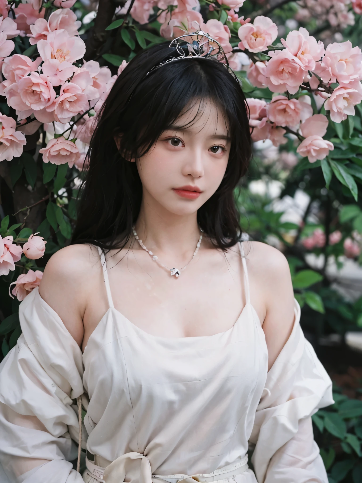 best quality, ultra high resolution, (realistically:1.4), Cute tiara,Baoyu Girl, A pair of clear and charming peach blossom eyes,Royal sister,The sun shines on the face,Long curly hair,(in the cherry blossom tree:1.4),(necklace:1.2),(White skin:1.4),(Full body female love:1.2)a sense of atmosphere,a beautiful girl,Looking directly at the viewer, Close-up cleavage ,(lifelike:1.4),1 girl,Sexy,(Upper body:1.4),(wet),(:1.2)