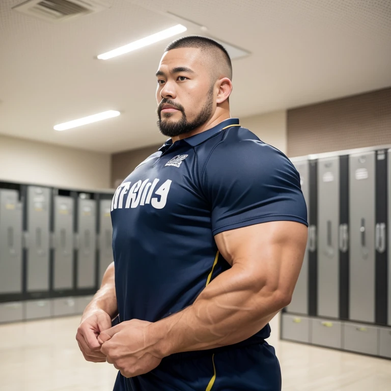 inside club locker room, facing each other, (rugby uniform:1.2), Japanese man, Chinese man, Korean man, Taiwanese man, manly face, round face, monolid eyes, (buzz cut:1.4), very large and strong body, bulging muscles, very large pectoral muscles, muscular arms, muscular abs, muscular legs, muscular back, brightens oily skin, master piece, realistic, panorama, distant view