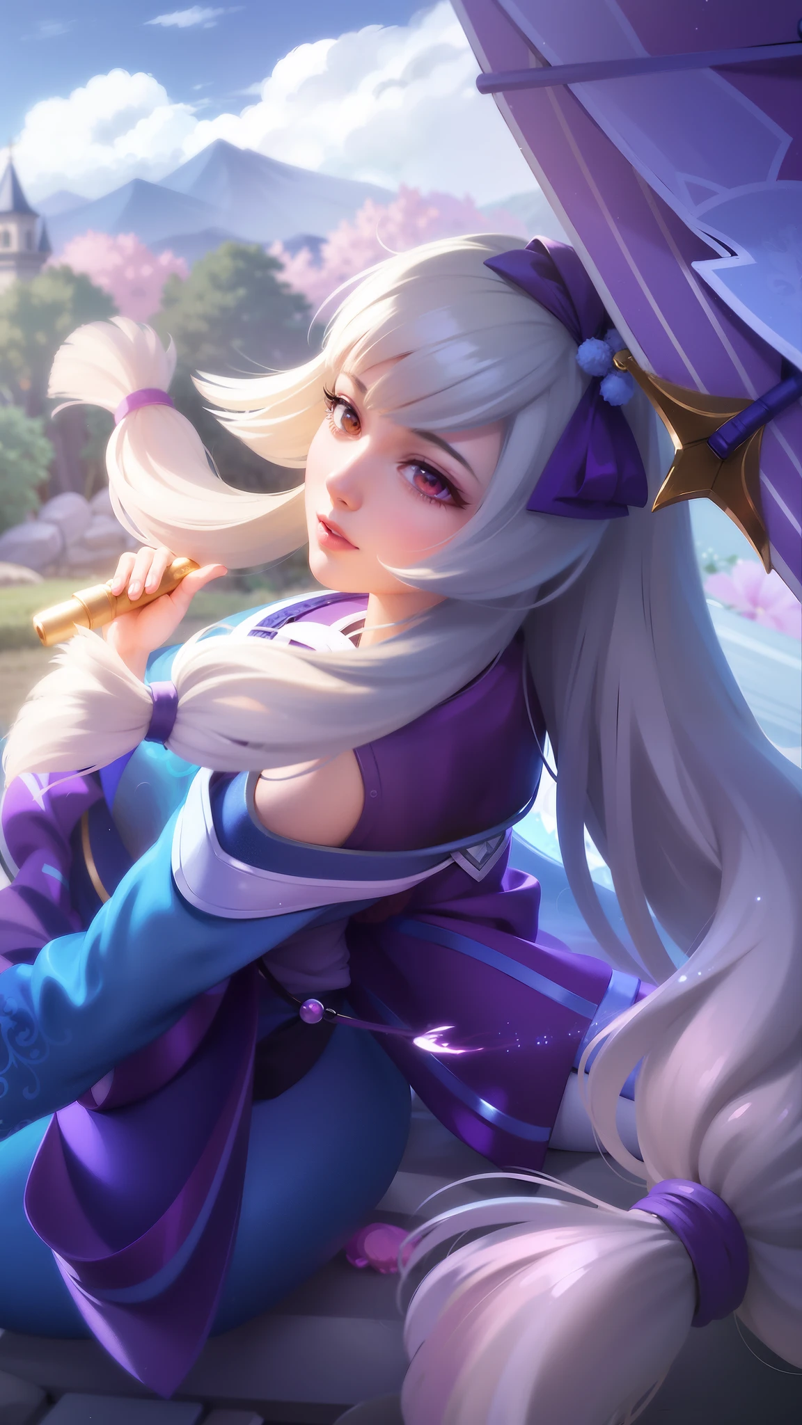 anime girl with long white hair sitting on a rock with a purple umbrella, portrait of ahri, ahri, official splash art, seraphine ahri kda, ashe, splash art, extremely detailed artgerm, onmyoji portrait, artgerm lau, style artgerm, heise jinyao, iconic character splash art, akali