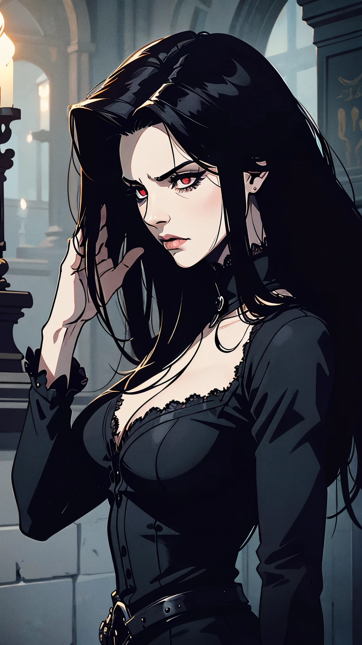 (best quality,4k,8k,highres,masterpiece:1.2),ultra-detailed,(realistic,photorealistic,photo-realistic:1.37),goth anime girl,90s anime,gothic,1woman,dark church,red eyes,dark ambient,low saturation,anime style,pale skin,long flowing hair,gothic clothing,silhouette,surreal background,mysterious atmosphere,intense emotions,melancholic expression,dim candlelight,lens flare,dramatic shadows,symbolic elements,heavy makeup,pale and dark colors,misty fog,ethereal beauty,subtle texture
