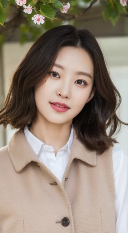 Cherry tree、Long Gilet、open chest、I&#39;m not wearing anything inside、whole body、NiziUAYAKA、 ４Ｋ、１people&#39;s women、slender、 Loose wavy styling 、seductive and attractive、Including face and skin texture.，detailed eyes、A soothing expression with a smile