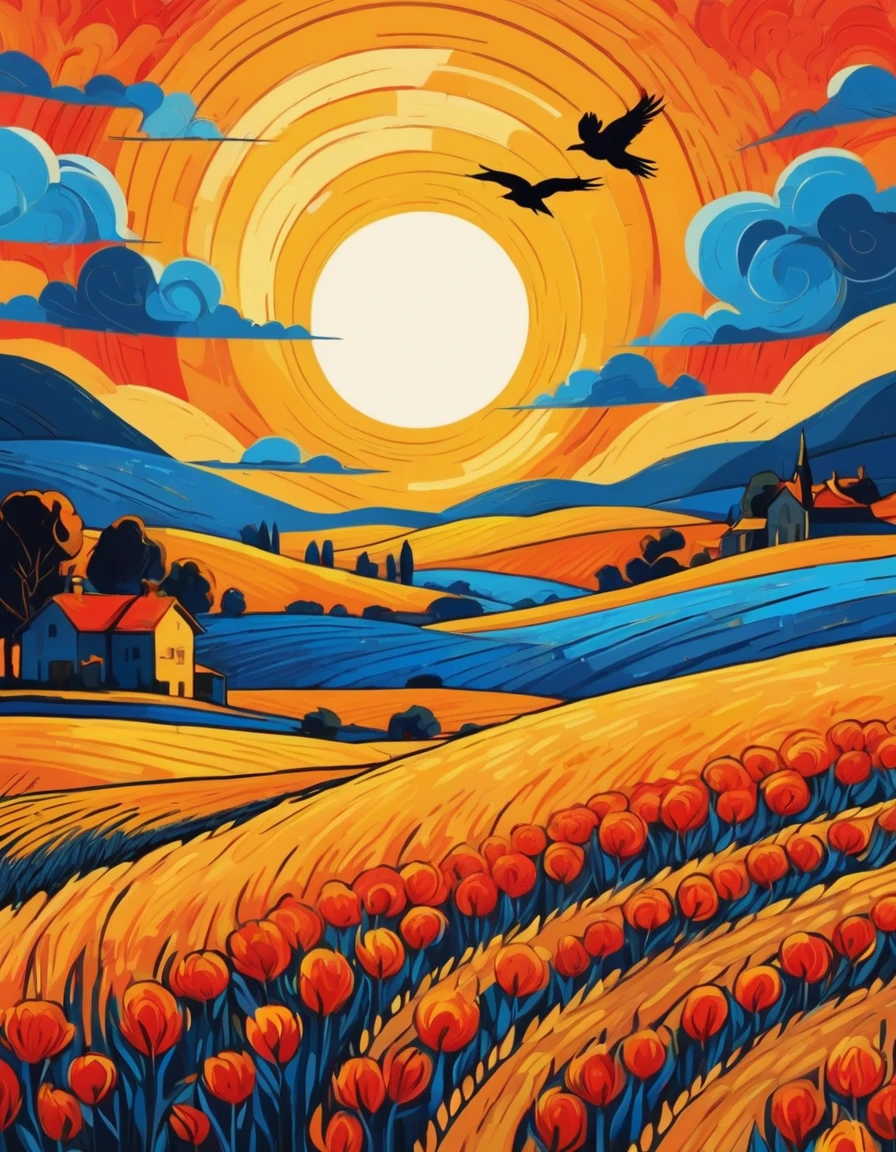 flat vector art, van gogh style, sunset, rural landscape, wheat field, crows, yellow, orange, red, blue, thick paint, strong brushstrokes, vibrant colors, swirling patterns, simple shapes, large sun, crows as accent
