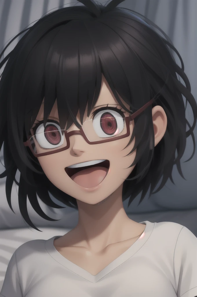 ((best quality)),((highly detailed)),masterpiece,absurdres,detailed face,beautiful face,(detailed eyes, deep eyes),1girl,  Sally, solo, black hair, glasses, short hair, red eyes, open mouth, serious, messy hair, shirt, bed, t-shirt, :d, red sweatshirt, short sleeves, short shorts, collarbone, looking at viewer, hair between eyes, scar