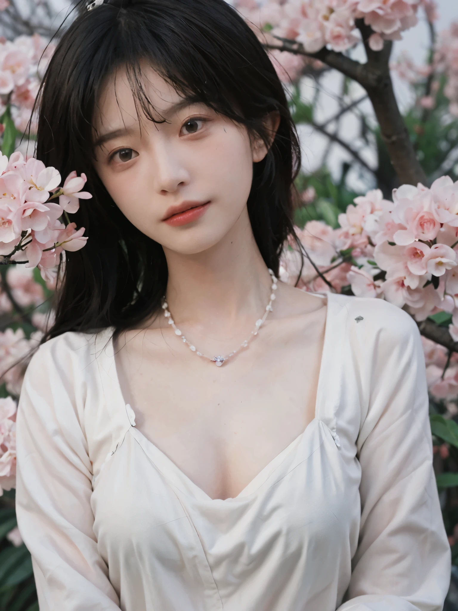 best quality, ultra high resolution, (realistically:1.4), Cute tiara,Baoyu Girl, A pair of clear and charming peach blossom eyes,Royal sister,The sun shines on the face,Long curly hair,(in the cherry blossom tree:1.4),(necklace:1.2),(White skin:1.4),(Full body female love:1.2)a sense of atmosphere,a beautiful girl,Looking directly at the viewer, Close-up cleavage ,(lifelike:1.4),1 girl,Sexy,(Upper body:1.4),(wet),(:1.2)