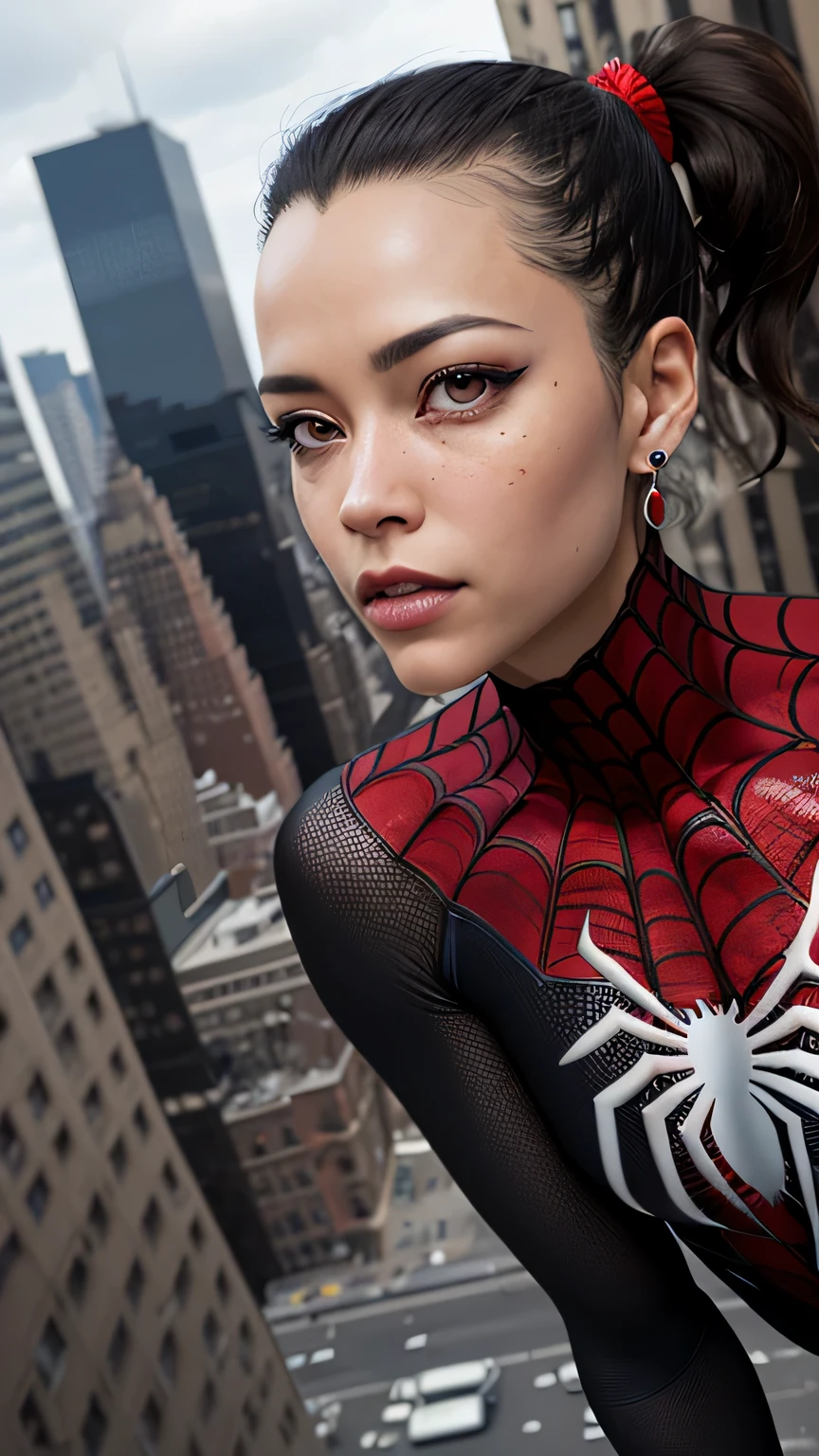 spider suit, spiderweb print, spiderweb, spiderman, masterpiece, absurd, small details, HDR, ((highly detailed face and eyes)), realistic,, focus on the eyes,, A girl standing on the roof of a skyscraper, ((no mask)), looking at the viewer,black hair, girl focus,(ponytail), earrings, , new york buildings background,