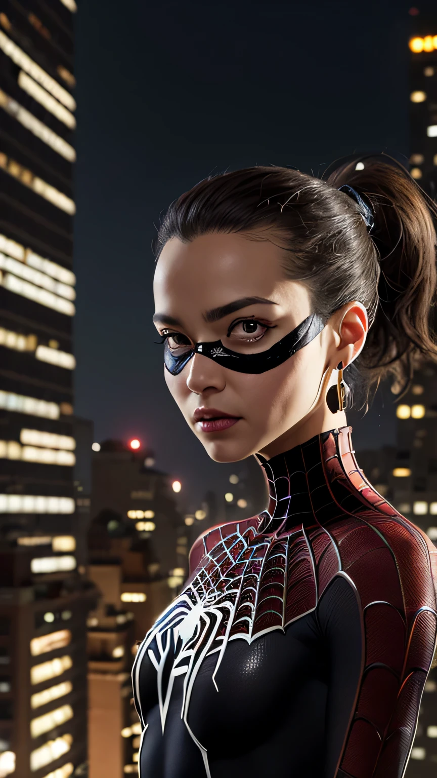 spider suit, spiderweb print, spiderweb, spiderman, masterpiece, absurd, small details, HDR, ((highly detailed face and eyes)), realistic,, focus on the eyes,, A girl standing on the roof of a skyscraper, ((no mask)), looking at the viewer,black hair, girl focus,(ponytail), earrings, , new york buildings background,