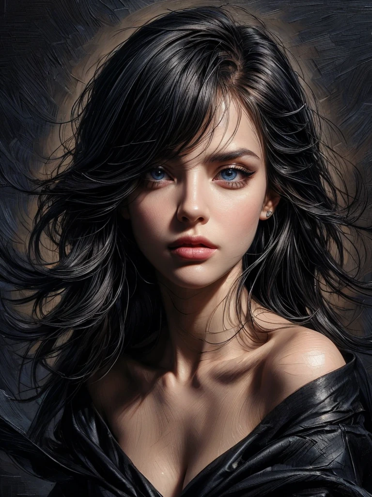 (waist to head portrait), masterpiece, best quality, ultra-detailed, facing the camera head on, intricately detailed hyperdetailed, realistic, sharp features, highly detailed, sharp focus, perfect face, perfect face, perfect symmetrically perfect eyes, perfect full lips, flexible female form, cinematic, film light, hyper detailed, hyper realistic, masterpiece, atmospheric, high resolution, vibrant, dynamic studio lighting, nsfw, ((Dark background)), Sexy face, Facial expressions when receiving pleasure, straight Bangs, Big breasts, Exposed cleavage, blue Eyes,black sweater,(subtle nudity:1.3)
