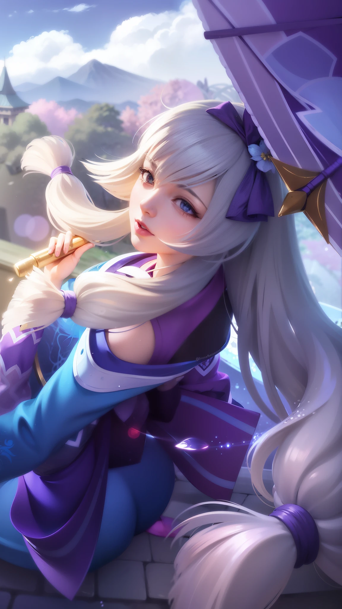 anime girl with long white hair sitting on a rock with a purple umbrella, portrait of ahri, ahri, official splash art, seraphine ahri kda, ashe, splash art, extremely detailed artgerm, onmyoji portrait, artgerm lau, style artgerm, heise jinyao, iconic character splash art, akali