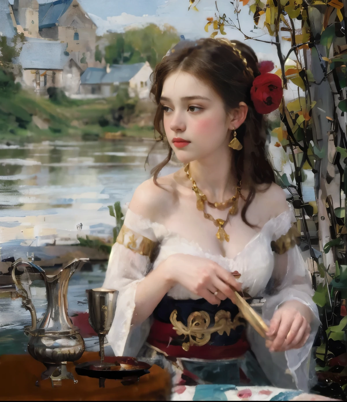 Drawing of a woman in a dress sitting at a table with a cup, Medieval style, Inspiration from John William Waterhouse, Inspired by Edmund Leighton, Inspired by Gaston Bussier, It is a medieval fantasy character., beautiful young woman, Slavic style, Medieval Princess, Inspired by Viktor Vasnetsov, Medieval clothing, Raphaelites style, Renaissance style, Pre-Raphaelite style