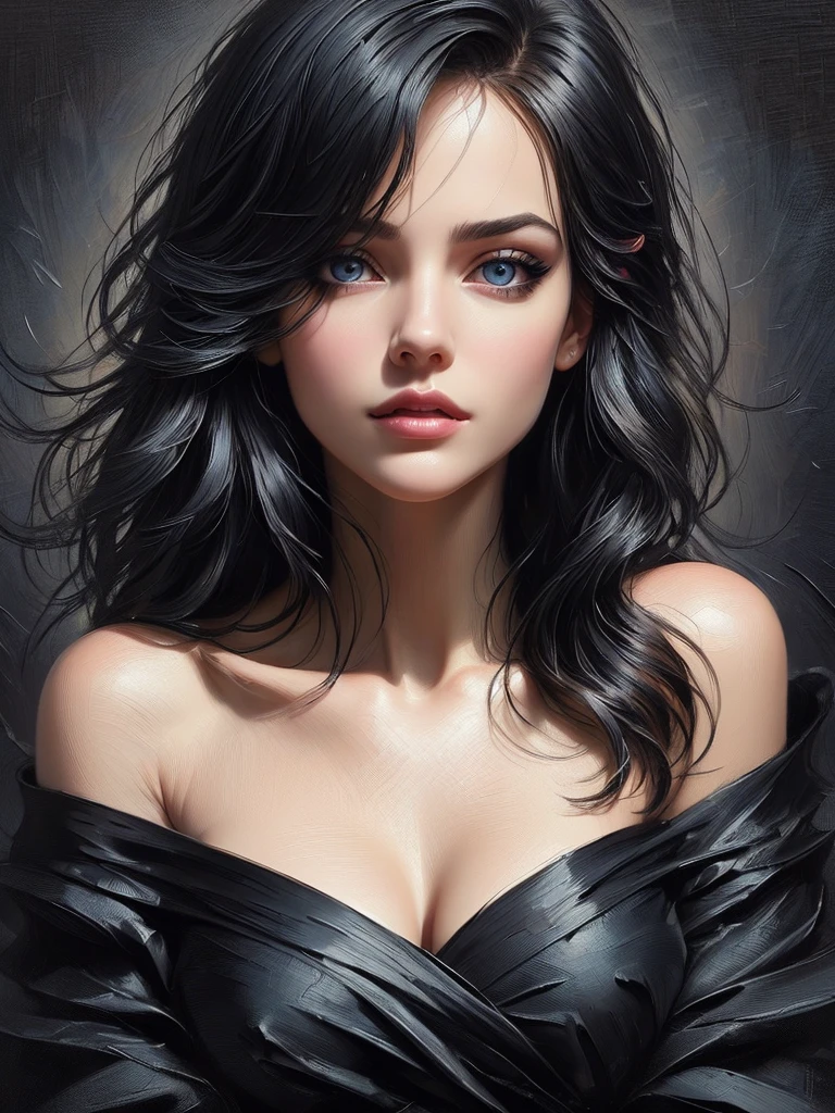 (waist to head portrait), masterpiece, best quality, ultra-detailed, facing the camera head on, intricately detailed hyperdetailed, realistic, sharp features, highly detailed, sharp focus, perfect face, perfect face, perfect symmetrically perfect eyes, perfect full lips, flexible female form, cinematic, film light, hyper detailed, hyper realistic, masterpiece, atmospheric, high resolution, vibrant, dynamic studio lighting, nsfw, ((Dark background)), Sexy face, Facial expressions when receiving pleasure, straight Bangs, Big breasts, Exposed cleavage, blue Eyes,black sweater,(subtle nudity:1.3)
