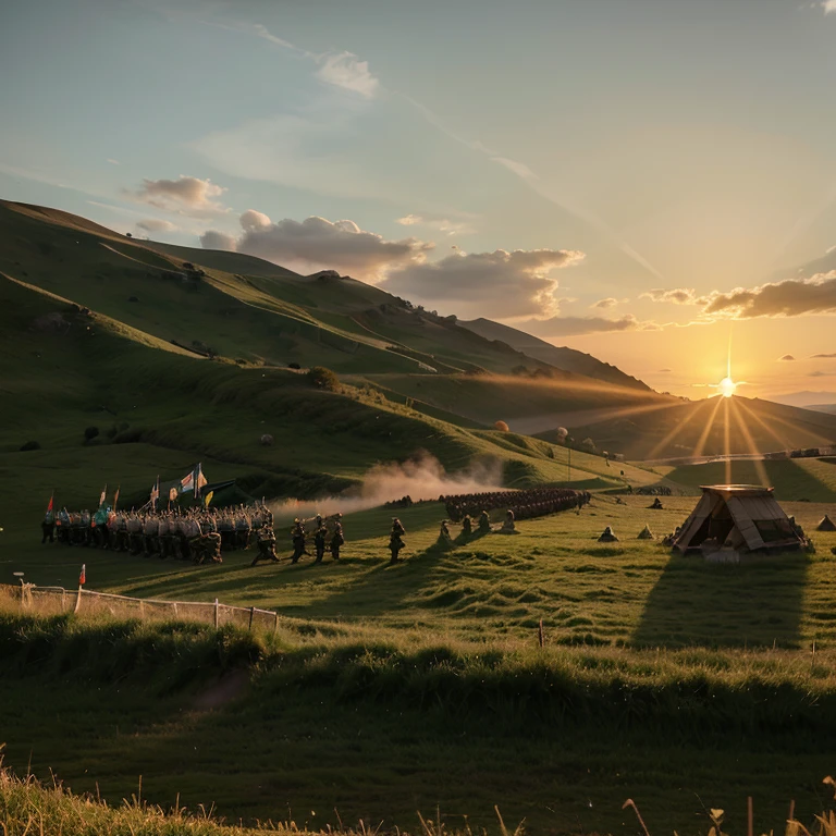 The sun rises over the green hills illuminating the banner of two opposing armies