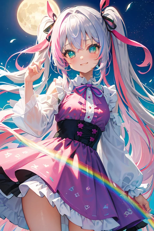 (rainbow colored hair, colorful hair, half silver、half pink hair: 1.2), ,long hair、(Cinematic digital artwork: 1.3), high quality, table top, Turquoise eyes、最high qualityの, Super detailed, figure, [4K digital art]!!、 Kyoto animation style, one woman, clavicleの美しさ, clavicle, light, want, blue sky, positive, Dead leaves dance、full moon、See-through、（pink and yellow、Gothic ****ta)、scarlet polka dot unset, motivation, shine, dynamic perspective、Blue glasses、Green ribbon、twin tails、embarrassed face、cute face、happy face