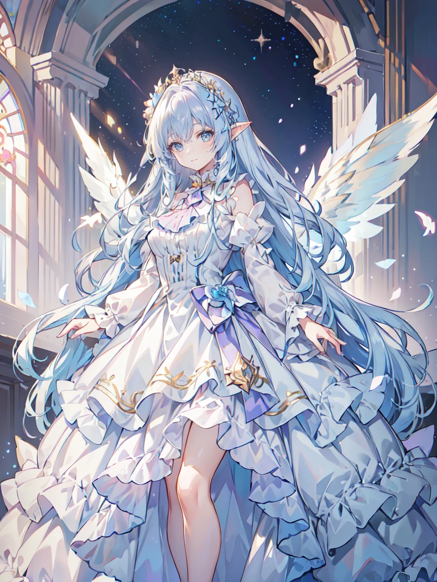 highest quality, very detailed, beautiful, exquisite, 16k, Full HD, confused,soft expression,((light smile,Happy:1.5))((Sparkling fluffy layered ball gown)),A large and beautiful dress inspired by rose flowers, lots of flowers、frills、Intricate billowing ball gown with rhinestones ( table top, art station, fantasy art:1.2), See here,standing with an elegant smile,pastel colour,((giant white fairy wings))、gradient hair, light blue hair, hair blowing in the wind, wavy hair,fluffy hair,tiara,lavender eyes, long eyelashes, beautiful eyes、pale pink cheeks,pointed ears, bright pupils, long and thin legs, golden hour, bright light, warm lighting,