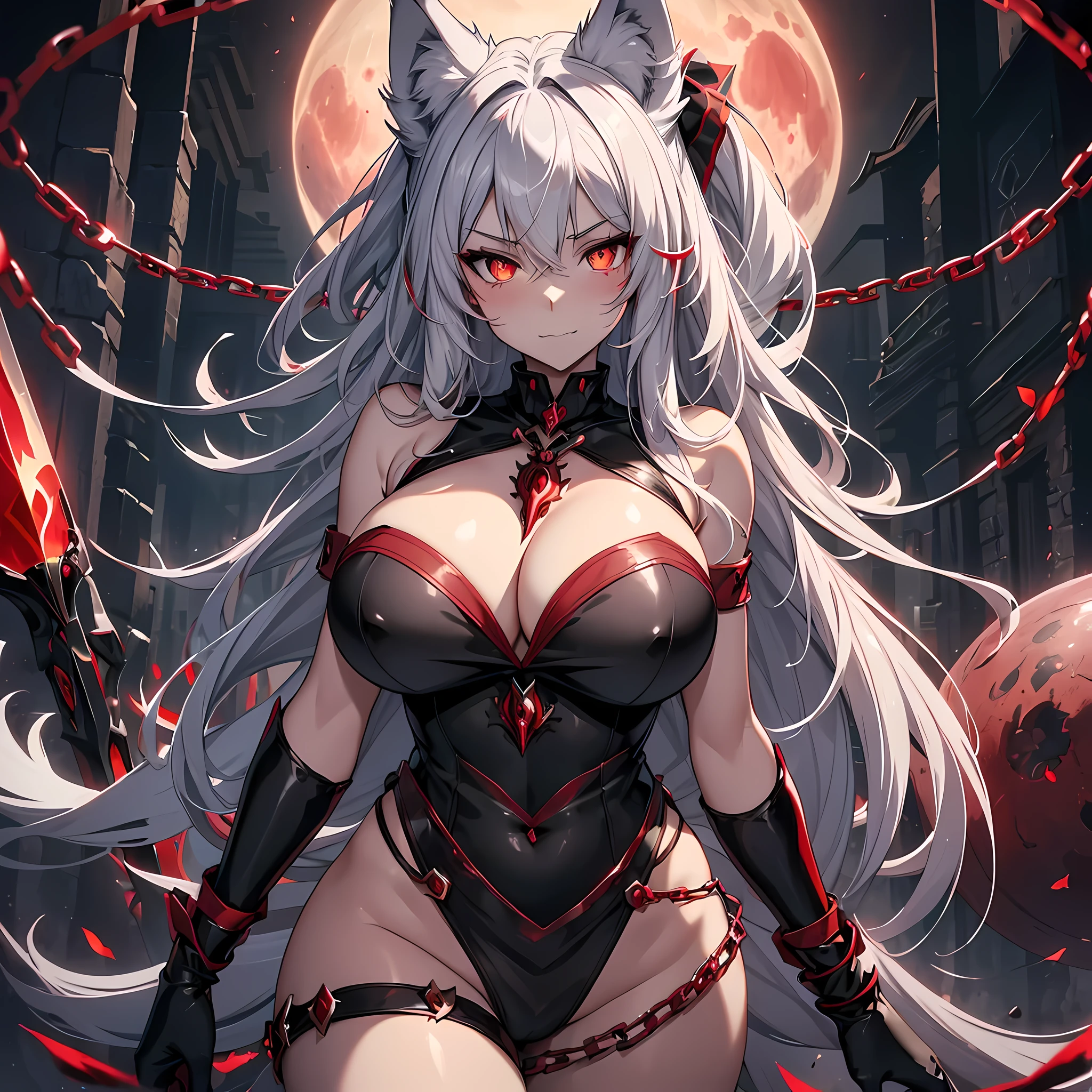 (masterpiece), best quality, expressive eyes, perfect face,((1girl)),animal ears,animal tail,(wolf ears, wolf tail),((silver hair)),(glowing red pupils),(huge breasts:1.2),cleavage,(wolf girl:1.5),(dark red and black idol:1.5),crystal pendant,pointy ears,armlets,bracelets,evil smile,standing,head tilt,dynamic angle,sexy pose,(red moon scenary),(red night:1.1),(red sky 1:1),magic circles,red chains,weapon,scythe,holding weapon down