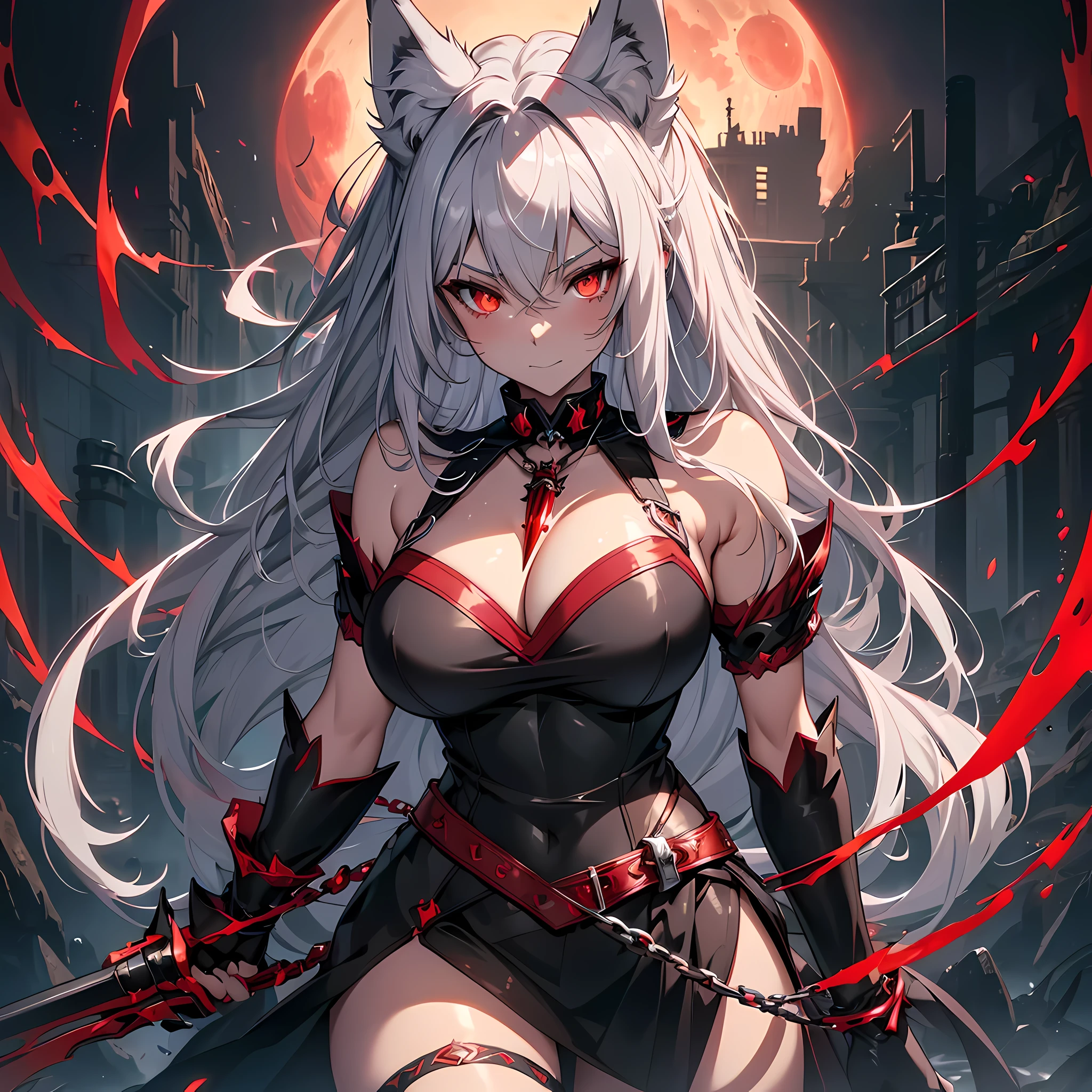 (masterpiece), best quality, expressive eyes, perfect face,((1girl)),animal ears,animal tail,(wolf ears, wolf tail),((silver hair)),(glowing red pupils),(huge breasts:1.2),cleavage,(wolf girl:1.5),(dark red and black idol:1.5),crystal pendant,pointy ears,armlets,bracelets,evil smile,standing,head tilt,dynamic angle,sexy pose,(red moon scenary),(red night:1.1),(red sky 1:1),magic circles,red chains,weapon,scythe,holding weapon down