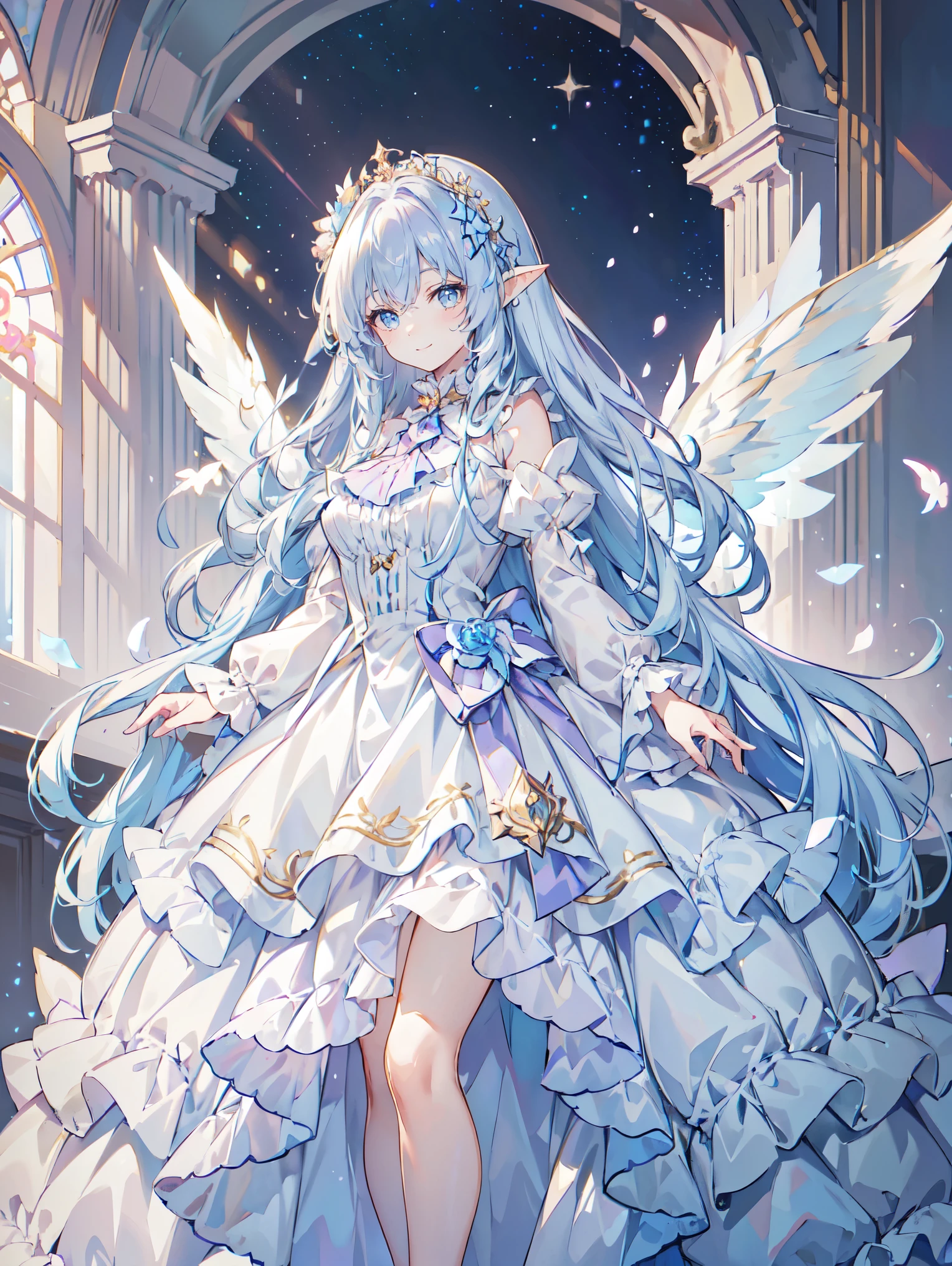 highest quality, very detailed, beautiful, exquisite, 16k, Full HD, confused,soft expression,((light smile,Happy:1.5))((Sparkling fluffy layered ball gown)),A large and beautiful dress inspired by rose flowers, lots of flowers、frills、Intricate billowing ball gown with rhinestones ( table top, art station, fantasy art:1.2), See here,standing with an elegant smile，pastel colour,((giant white fairy wings))、gradient hair, light blue hair, hair blowing in the wind, wavy hair,fluffy hair,tiara,lavender eyes, long eyelashes, beautiful eyes、pale pink cheeks,pointed ears, bright pupils, long and thin legs, golden hour, bright light, warm lighting,