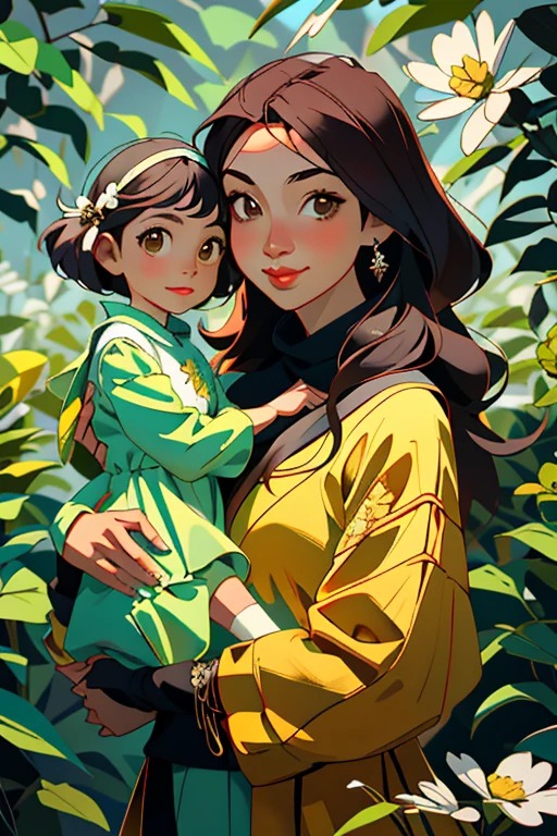 (obra de arte, Melhor qualidade), Photo of mother and daughter, olhando para o espectador, feliz, Na floresta canadense, typical clothes, no inverno