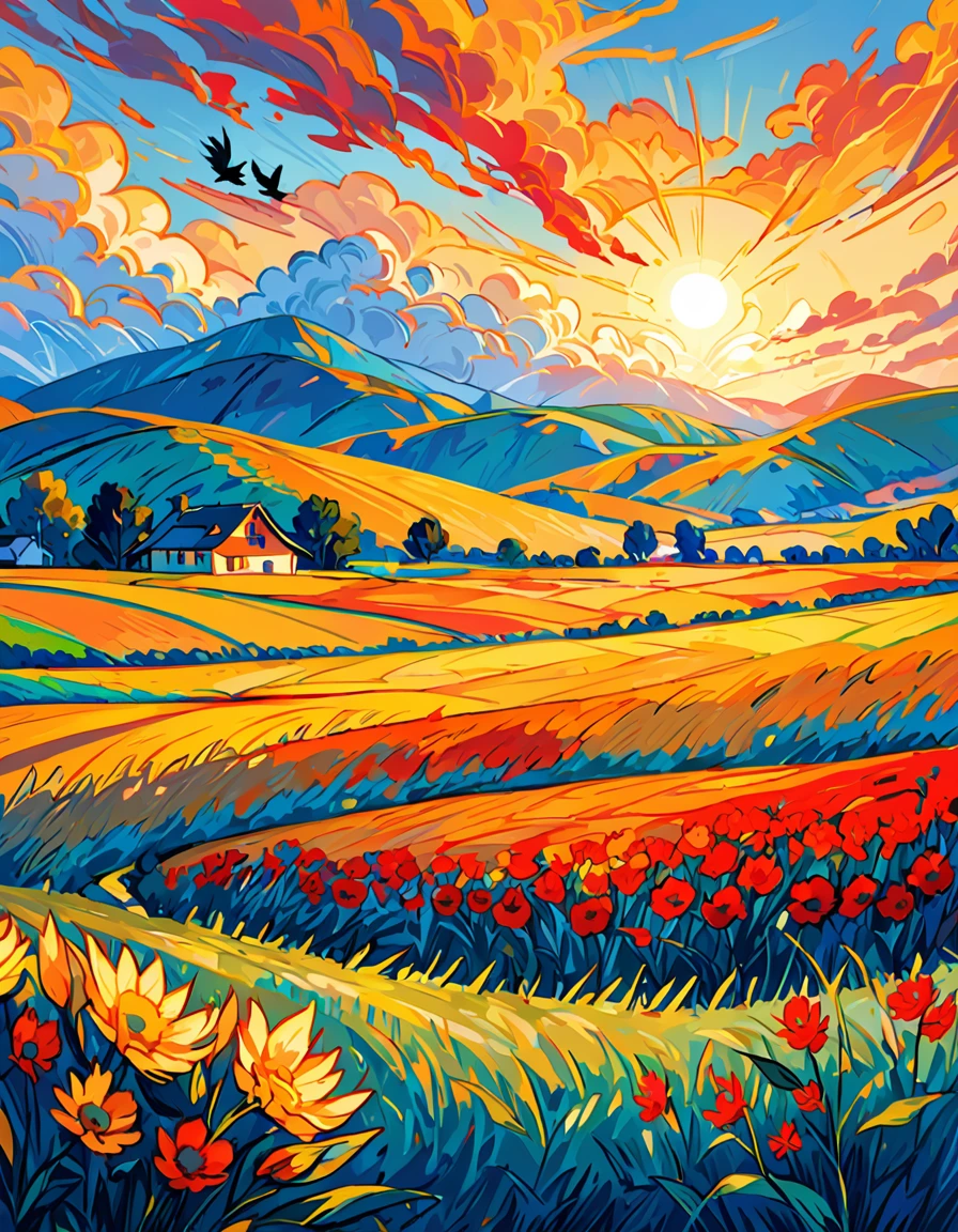 flat vector art, van gogh style, sunset, rural landscape, wheat field, crows, yellow, orange, red, blue, thick paint, strong brushstrokes, vibrant colors, swirling patterns, simple shapes, large sun, crows as accent