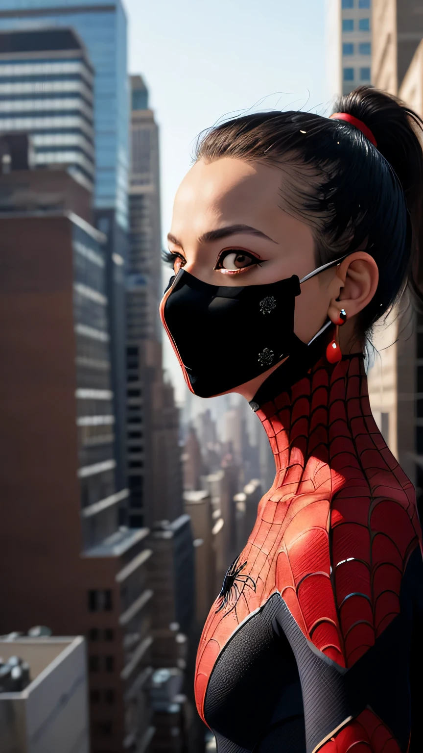spider suit, spiderweb print, spiderweb, spiderman, masterpiece, absurd, small details, HDR, ((highly detailed face and eyes)), realistic,, focus on the eyes,, A girl standing on the roof of a skyscraper, ((With mask)), looking at the viewer,black hair, girl focus,(ponytail), earrings, , new york buildings background,