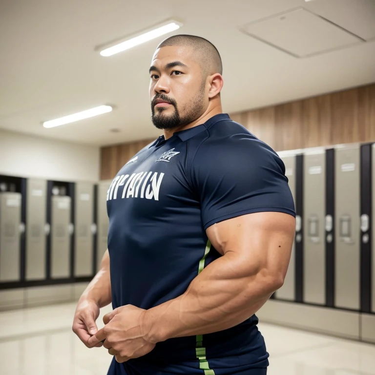 inside club locker room, facing each other, (rugby uniform:1.2), Japanese man, Chinese man, Korean man, Taiwanese man, manly face, round face, monolid eyes, (buzz cut:1.4), very large and strong body, bulging muscles, very large pectoral muscles, muscular arms, muscular abs, muscular legs, muscular back, brightens oily skin, master piece, realistic, panorama, distant view