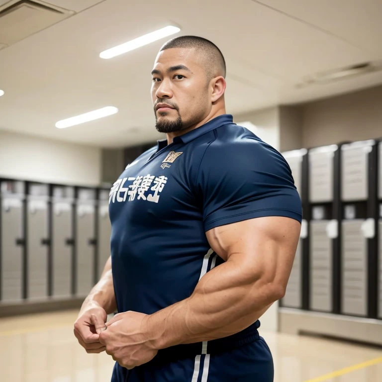 inside club locker room, facing each other, (rugby uniform:1.2), Japanese man, Chinese man, Korean man, Taiwanese man, manly face, round face, monolid eyes, (buzz cut:1.4), very large and strong body, bulging muscles, very large pectoral muscles, muscular arms, muscular abs, muscular legs, muscular back, brightens oily skin, master piece, realistic, panorama, distant view
