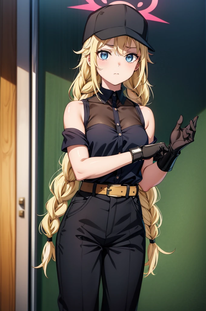 (( straight face picture )) ((best quality)),  ((Masterpiece)), (details), Young woman , yellow hair , long hair , tie up hair ,With a red bow , Reserve female magic  , blue eyes ,Blue purple set, Gold pattern, wearing a big brimmed hat , Magician , The dress is very beautiful. ,long dress