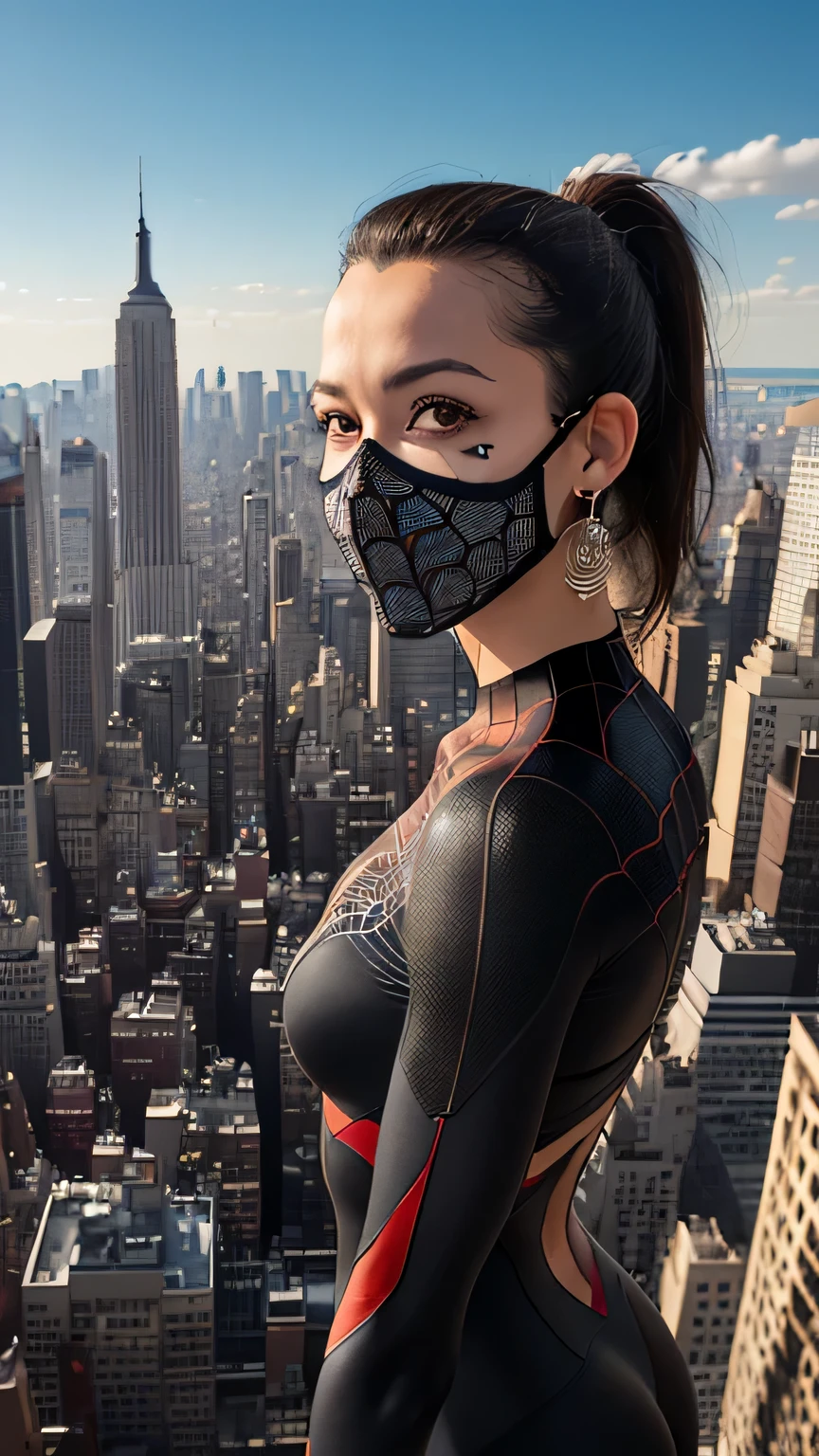 spider suit, spiderweb print, spiderweb, spiderman, masterpiece, absurd, small details, HDR, ((highly detailed face and eyes)), realistic,, focus on the eyes,, A girl standing on the roof of a skyscraper, ((With mask)), looking at the viewer,black hair, girl focus,(ponytail), earrings, , new york buildings background,