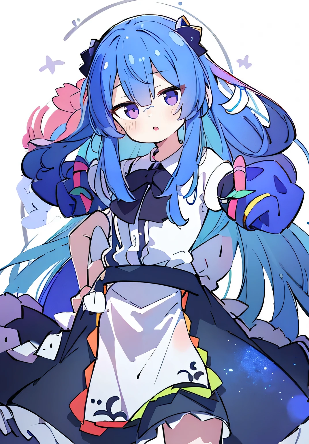 (best quality,highres,masterpiece:1.2),ultra-detailed,(realistic:1.37), expressive eyes, perfect face, 1 girl, hands on waist, beautiful, glamorous, Japanese anime, girl, Lola, Chouno Angel, blue hair, floating clothes, waist grabbing, hands on hips, flat-chested, starry sky